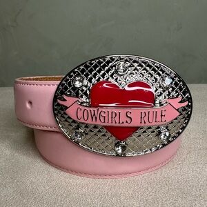 Nocona Cowgirls Rule Rhinestone Pink Western Leather Belt Girl’s Size 24